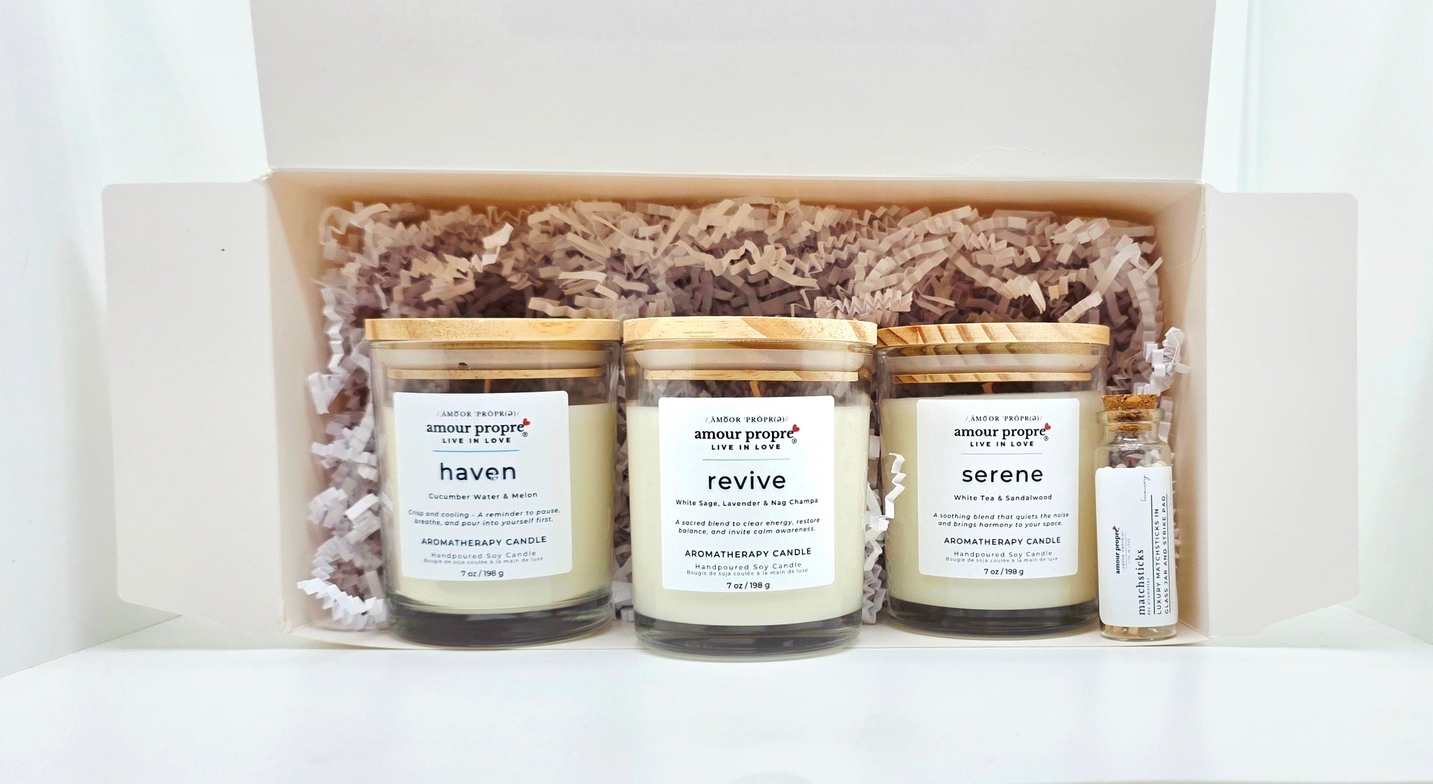 Amour Propre Aromatherapy Collection Trio Serene Haven Revive Soy Candles