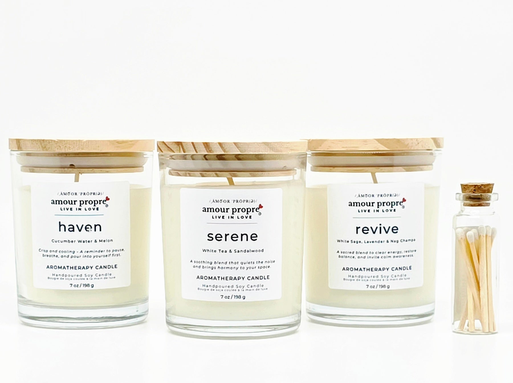 Amour Propre Aromatherapy Collection Trio Serene Haven Revive Soy Candles