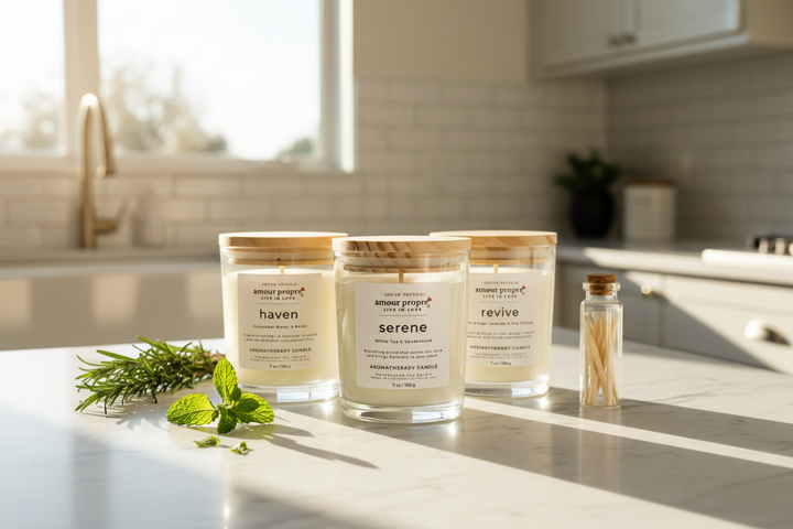 Amour Propre Aromatherapy Collection Trio Serene Haven Revive Soy Candles