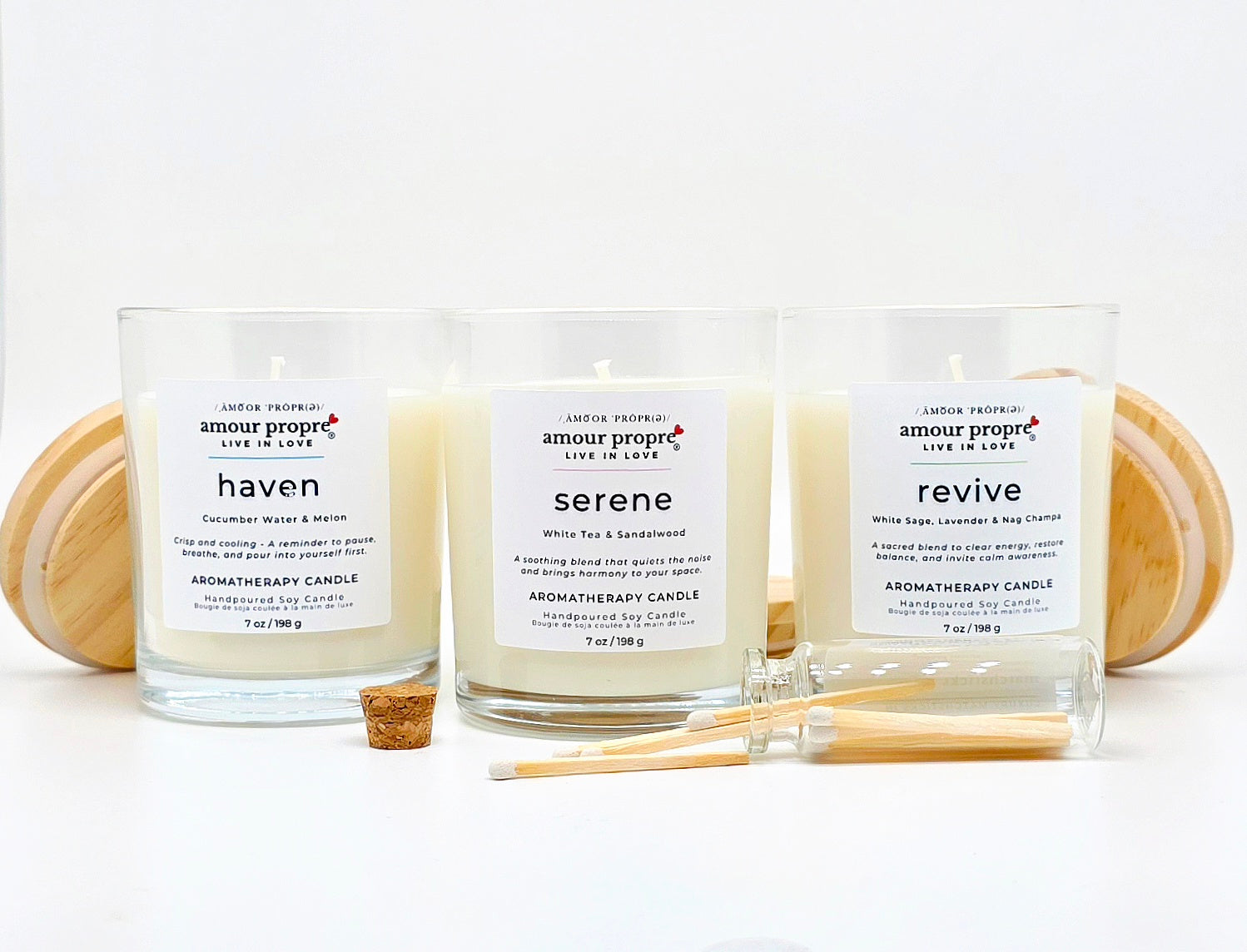 Amour Propre Aromatherapy Collection Trio Serene Haven Revive Soy Candles
