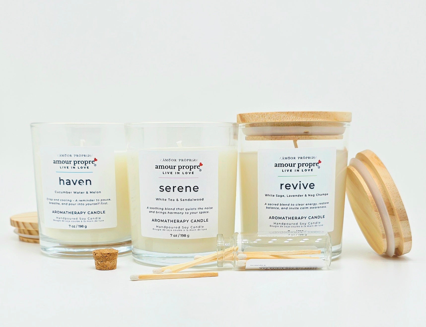 Amour Propre Aromatherapy Collection Trio Serene Haven Revive Soy Candles