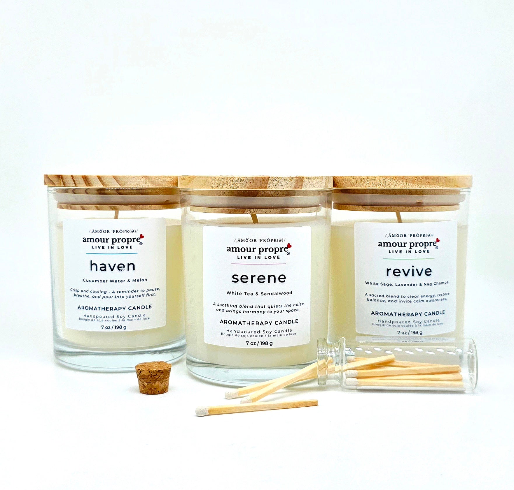 Amour Propre Aromatherapy Collection Trio Serene Haven Revive Soy Candles
