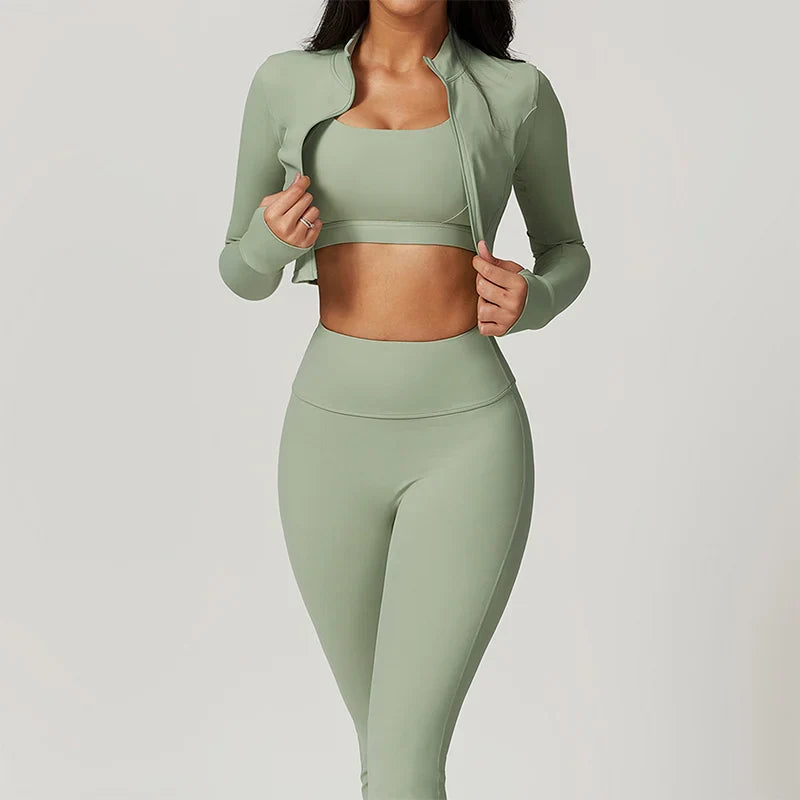 Active Wear Three Piece Women Workout Set Sports Bra Leggings Top