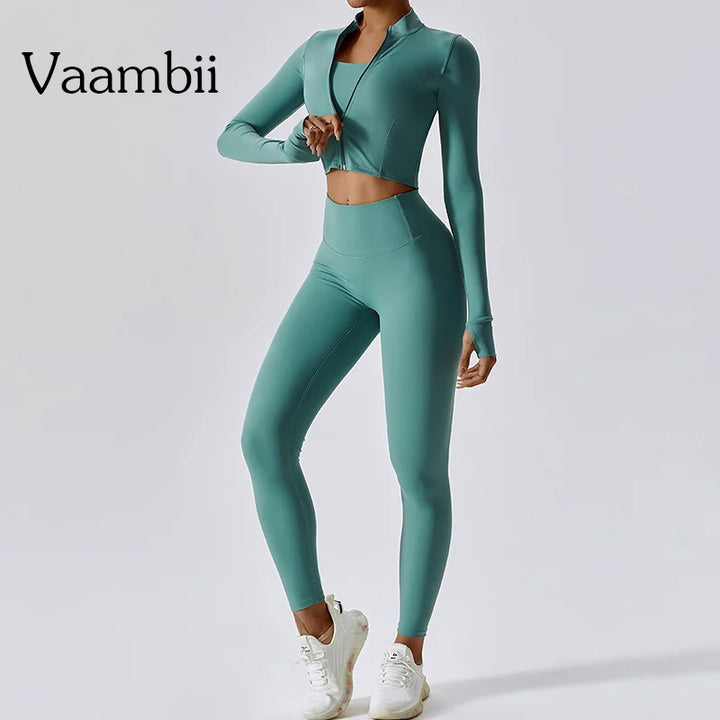 Active Wear Three Piece Women Workout Set Sports Bra Leggings Top