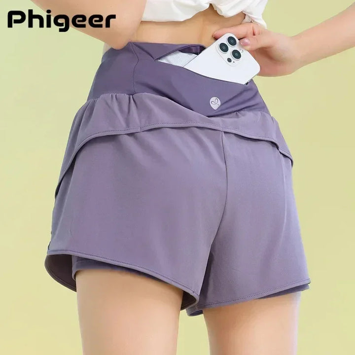 PHIGEER Yoga Shorts For Women Breathable Lightweight Gym With Pocket