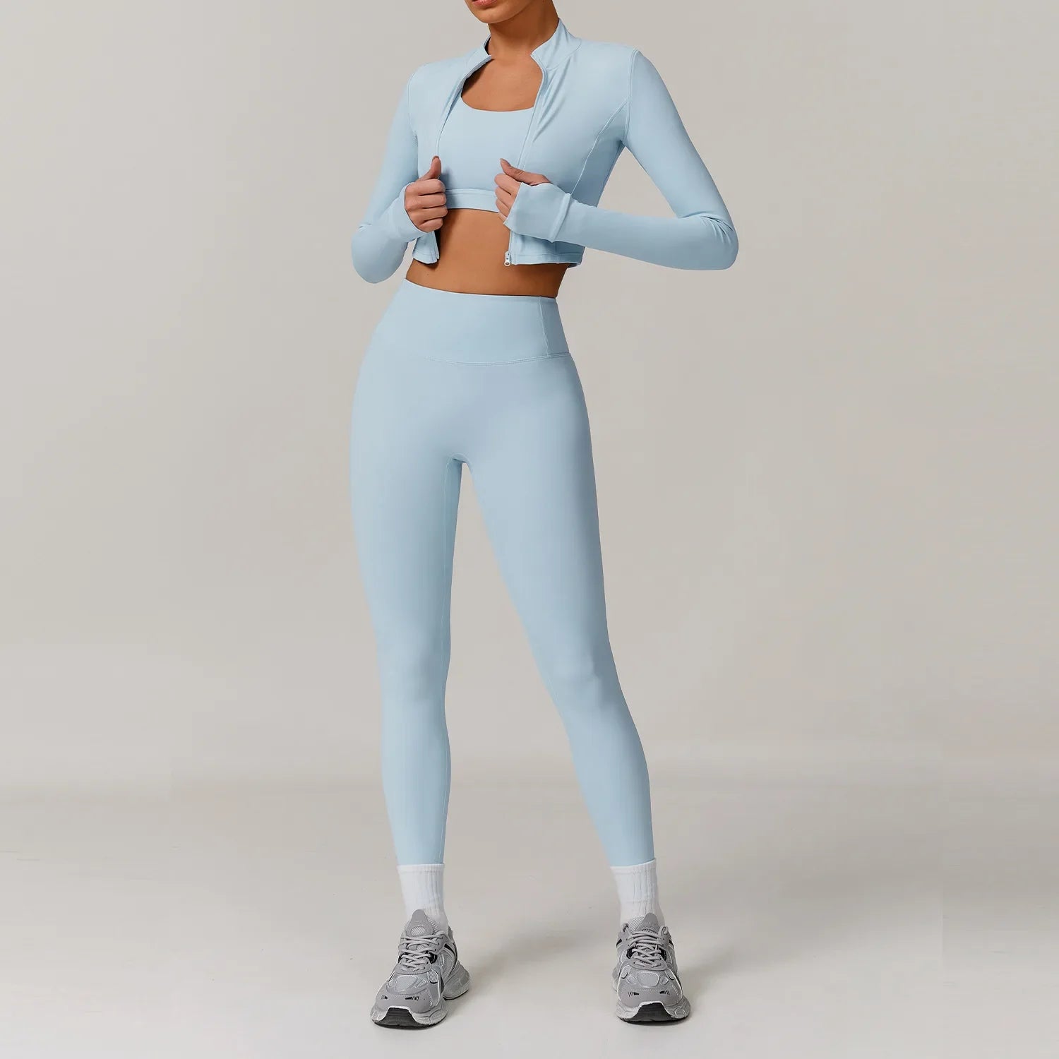 Active Wear Three Piece Women Workout Set Sports Bra Leggings Top
