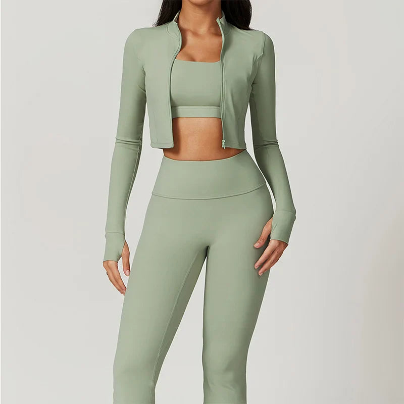 Active Wear Three Piece Women Workout Set Sports Bra Leggings Top