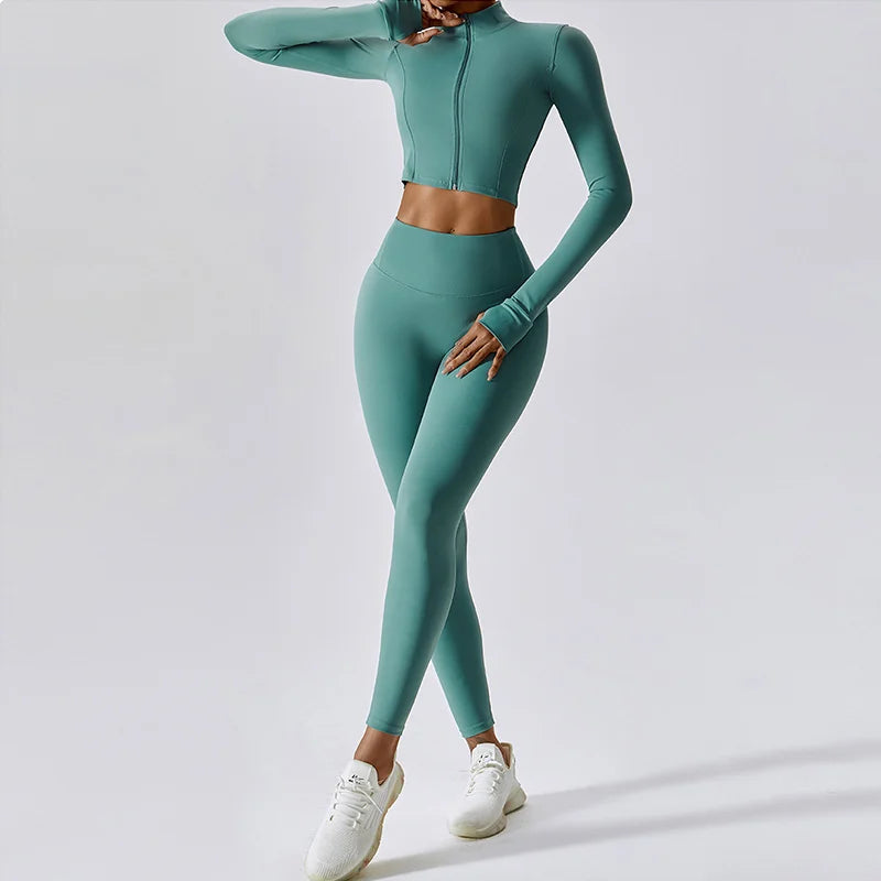 Active Wear Three Piece Women Workout Set Sports Bra Leggings Top