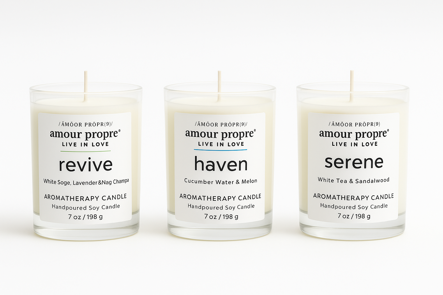 Amour Propre Aromatherapy Collection Trio Serene Haven Revive Soy Candles