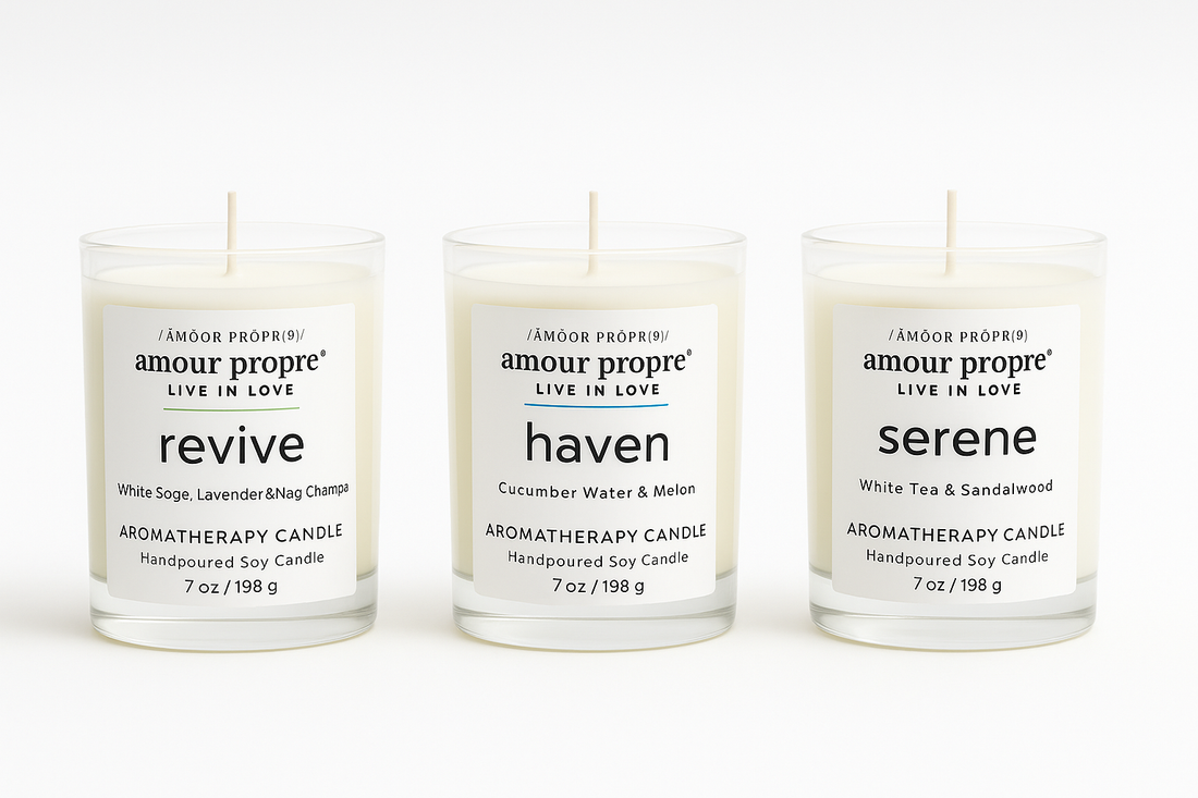 Amour Propre Aromatherapy Collection Trio Serene Haven Revive Soy Candles